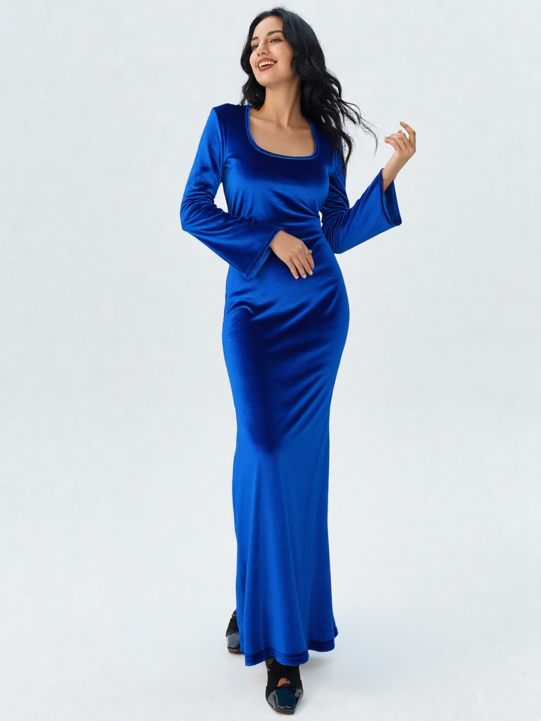 M Robe Long Bleu Roi en Velour col carrée avec Ceinture Fort Worth