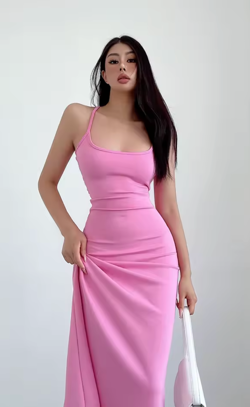 Robe Long Rose Bretelle DALLAS