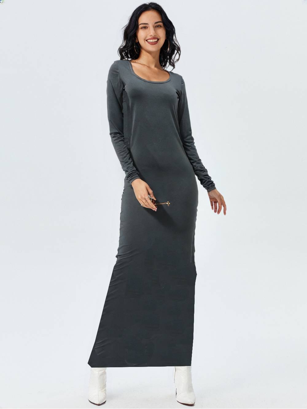 Robe Grise Long Col Carrée MOYNAQ