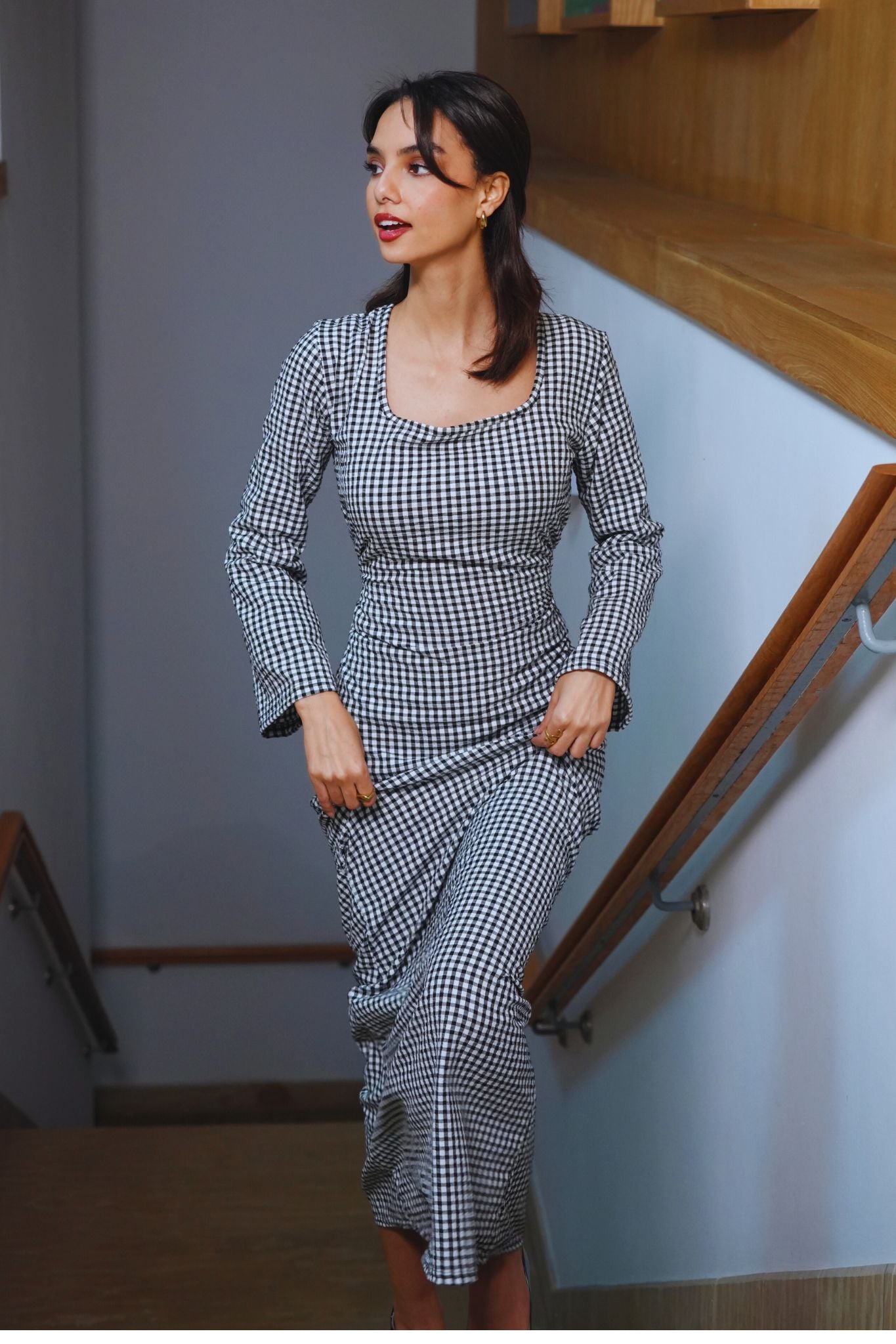 Robe Long Carreaux col carrée avec Ceinture Navoï