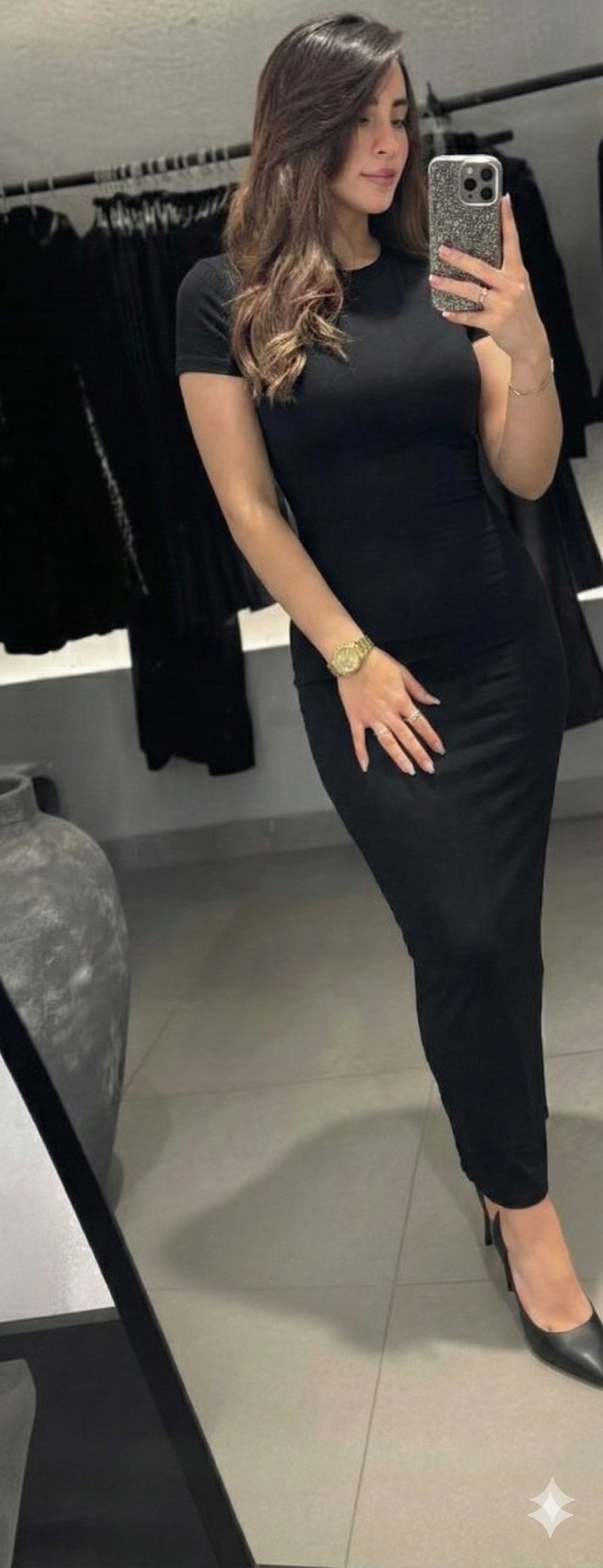 K Robe Noir Col Rond Demi Manche Álamo