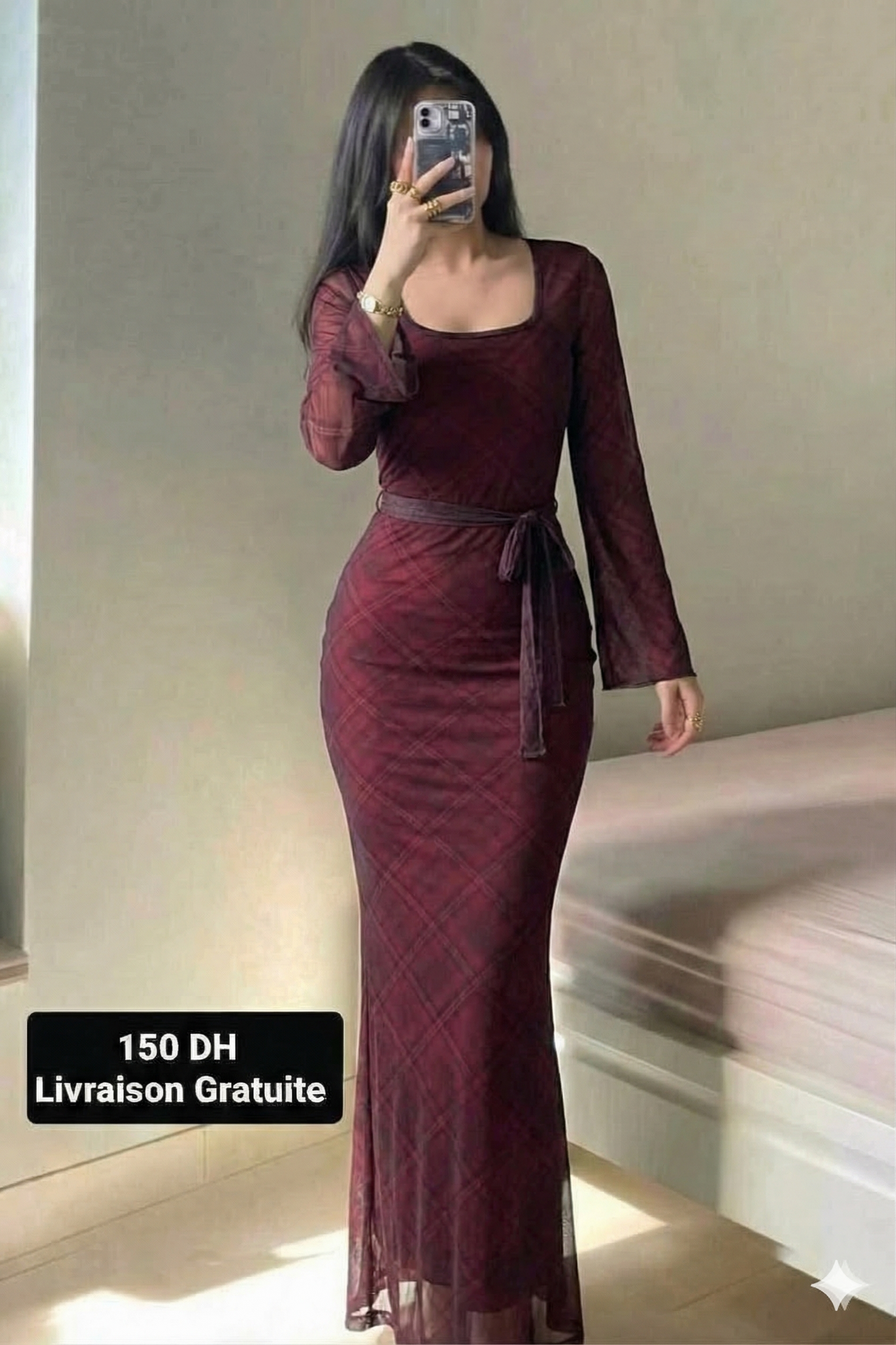 D Robe en tule longue Bordeau Carré TAHRANE
