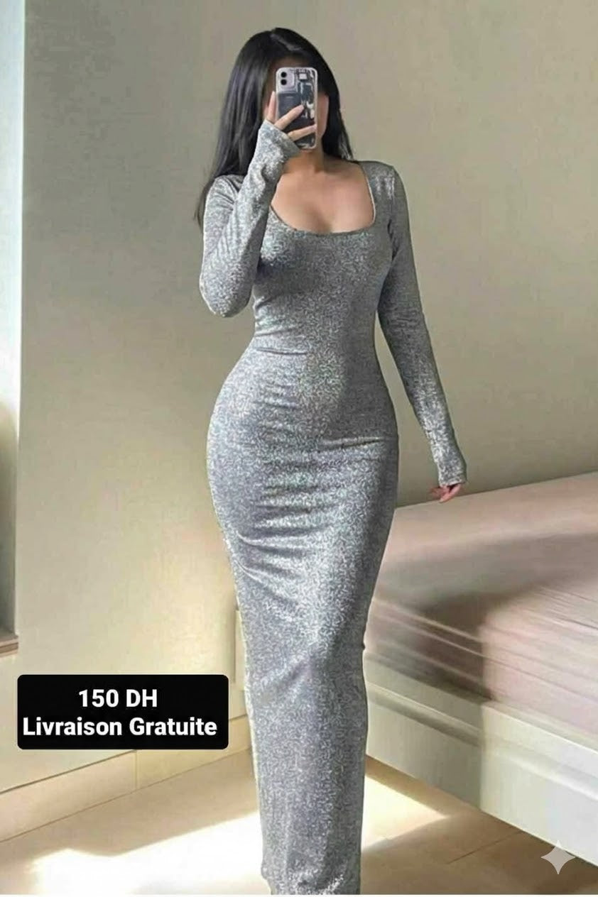 C Robe Long Grise Brillant Col Carrée NAPOLI
