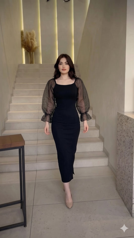 CC Robe Longue Noir avec Manche Tule Buff BOUKHARA