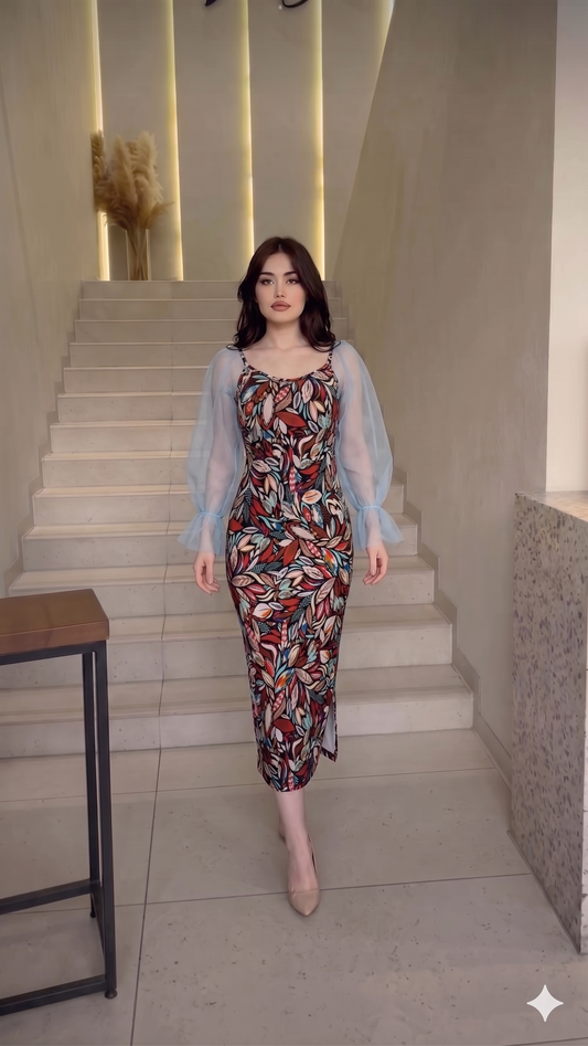 B Robe Longue FLORALE avec Manche Tule Buff BOUKHARA