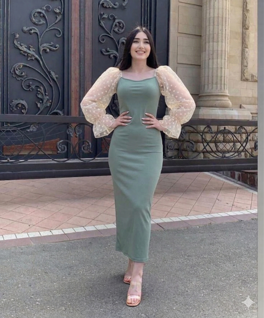 C Robe Longue Verte Kaki avec Manche Tule Beige Buff BOUKHARA