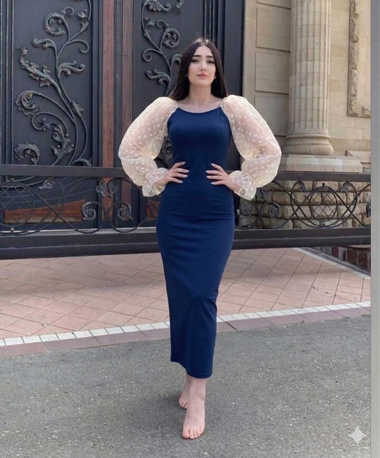 C Robe Longue Bleu marine avec Manche Tule Beige Buff BOUKHARA