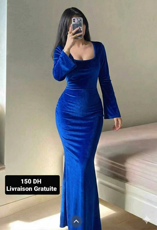A Robe Long Bleu Roi  en Velour col carrée  avec Ceinture KARCHI