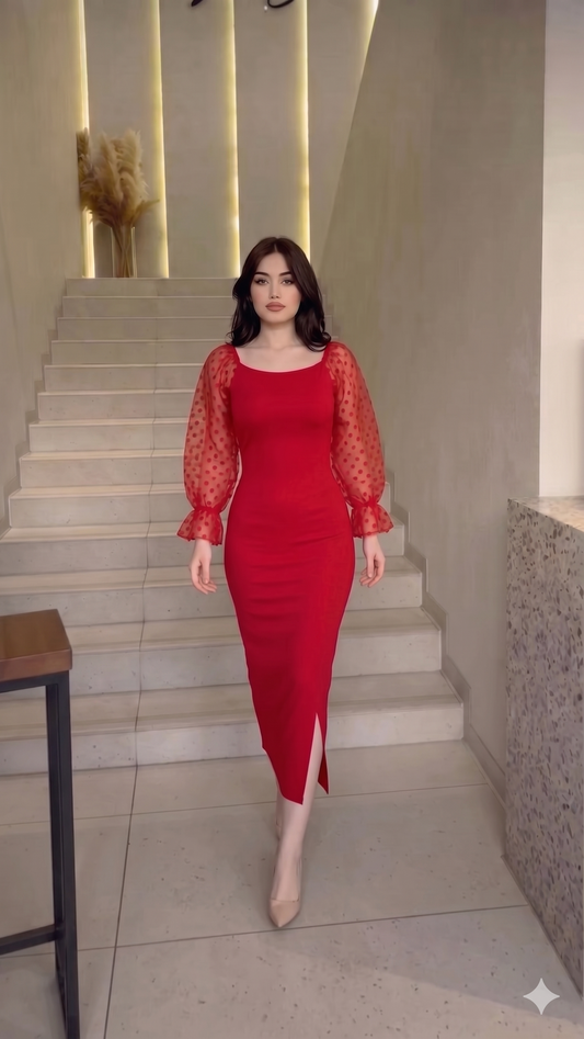 Robe Longue Rouge  avec Manche Tule Buff Doliprane BOUKHARA