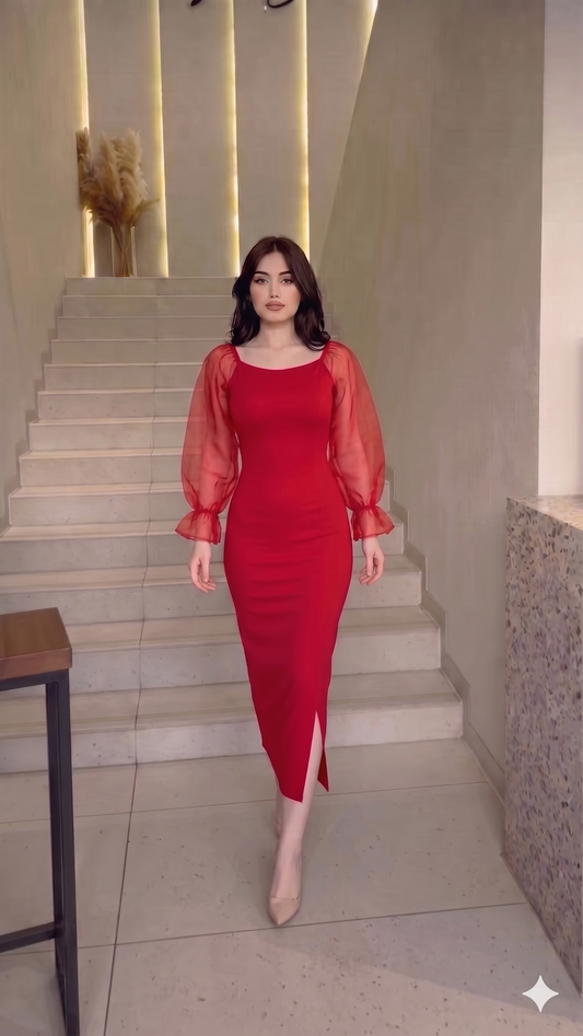 D Robe Longue Rouge avec Manche Tule Buff BOUKHARA