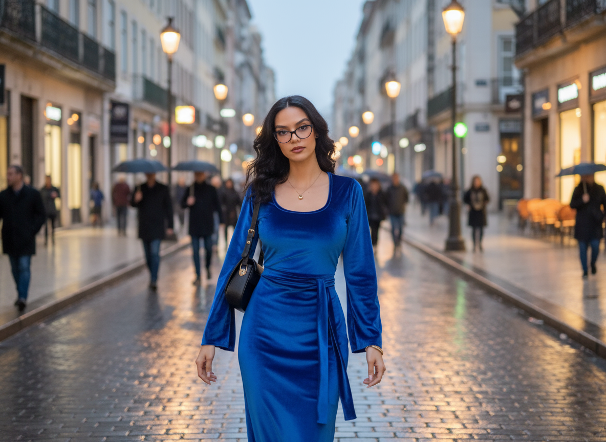 O Robe Long Bleu Roi  en Velour col carrée  avec Ceinture KARCHI