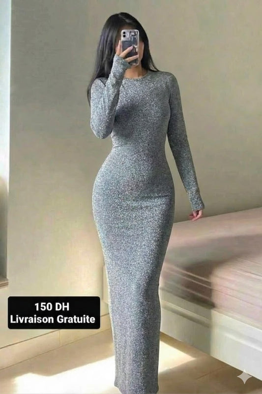 E Robe Long Grise Brillant Col Rond  Oukaimden