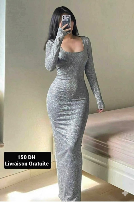 C Robe Long Grise Brillant Col Carrée NAPOLI