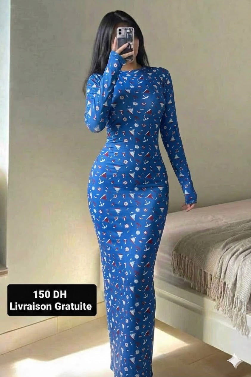 D Robe Long Bleu Brillant Col Rond  Cordoba