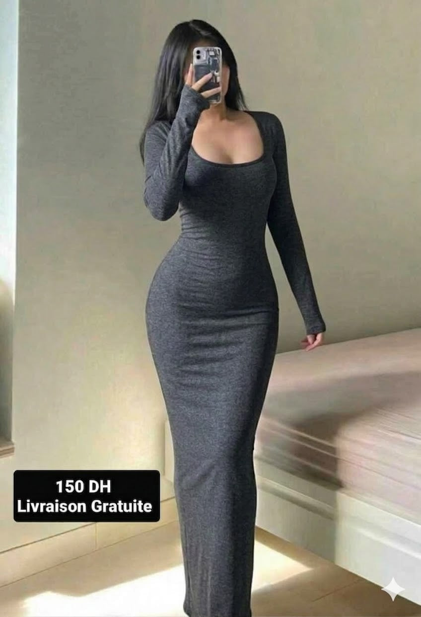 C Robe Long Grise Tobba Col Carrée NAPOLI